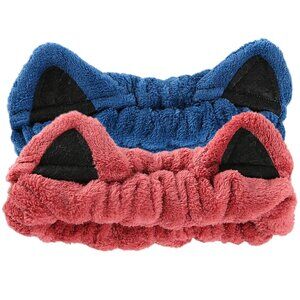 2 Pcs Cat Ears Headband Spa Headbands for Washing Face Headband Blue Red